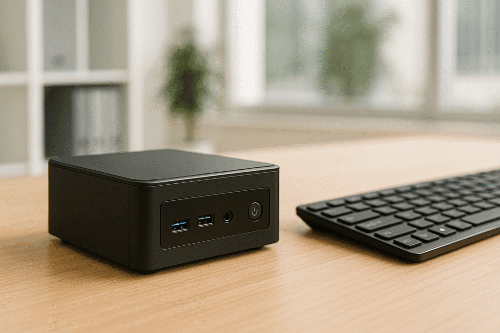 A close-up view of a compact black mini PC with a sleek design placed on a light wooden desk next to a black keyboard in a bright modern office setting.