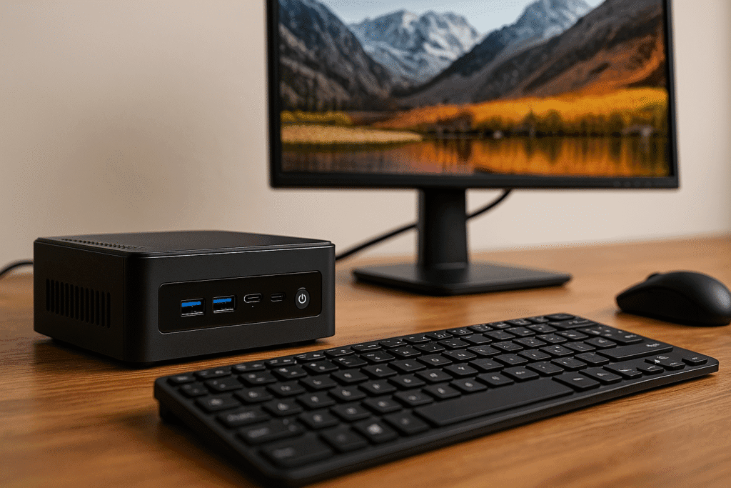 A close-up view of a mini PC’s rear I/O showing HDMI, DisplayPort, USB-C, Ethernet, and USB-A connections—highlighting port variety for modern use cases