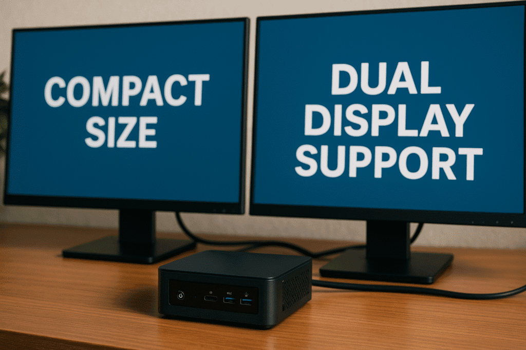 A creative studio setup with a mini PC driving a dual monitor configuration, color calibration tools, and audio equipment, designed for video editing and multimedia production workflows