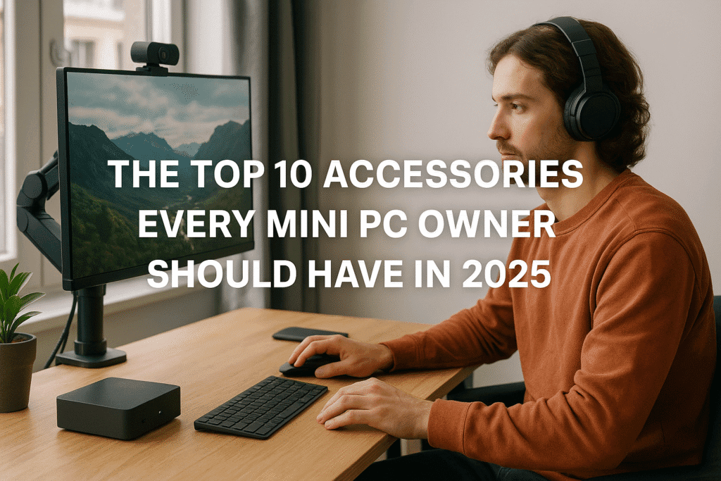 A young man wearing black headphones sits at a modern workspace using a mini PC and widescreen monitor, with "The Top 10 Accessories Every Mini PC Owner Should Have in 2025" displayed on screen, surrounded by creative workspace accessories.