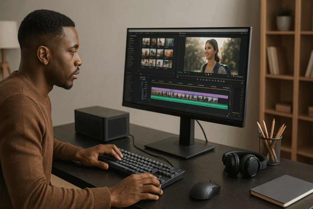 A young African American man in a green shirt edits a video timeline on a 4K display, with a mini PC and headphones nearby, in a warmly lit brick-walled creative studio