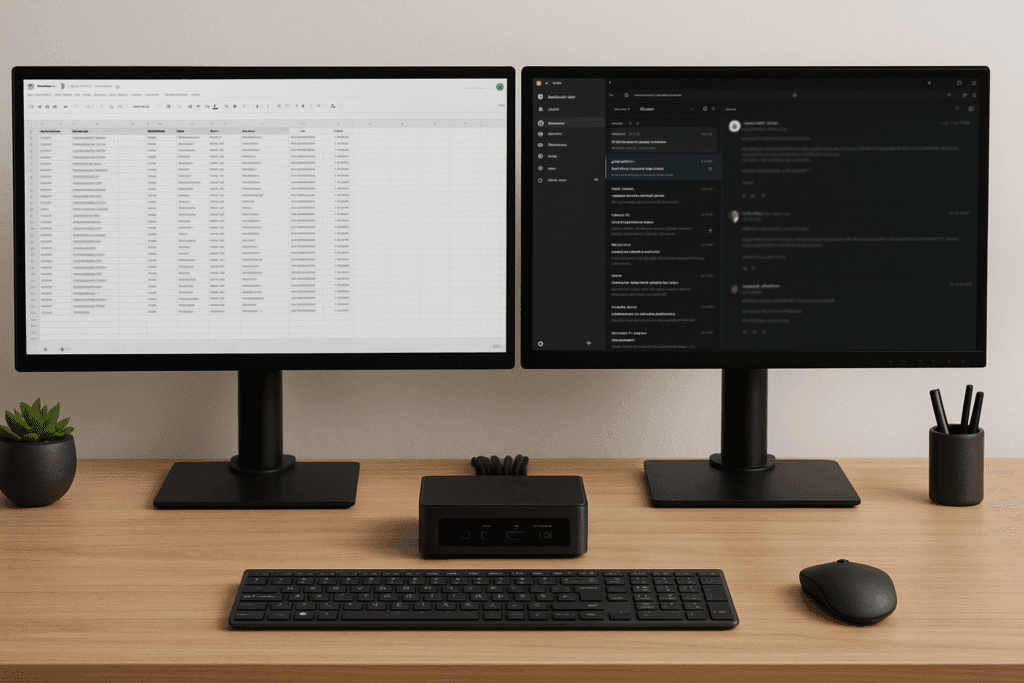 A minimalist workstation with a mini PC supporting two monitors side by side, surrounded by cable organizers, a wireless keyboard, and ergonomic accessories.