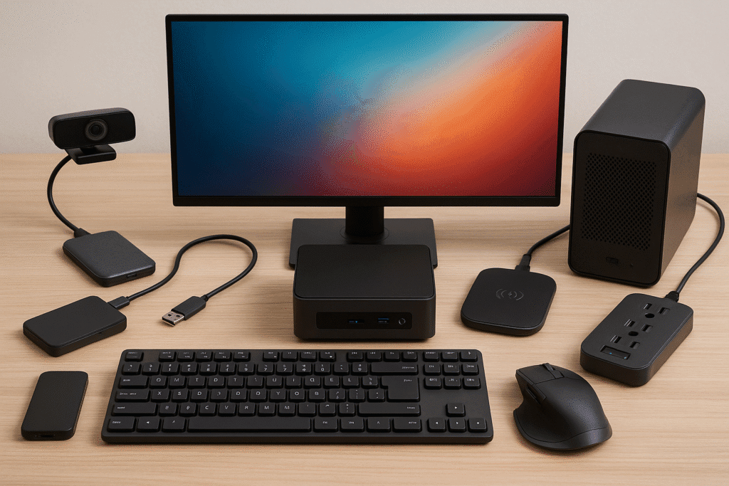 A sleek workspace showcasing a mini PC surrounded by must-have accessories like a high-resolution monitor, external SSD, webcam, eGPU, wireless charging pad, and a USB hub on a light wooden desk.