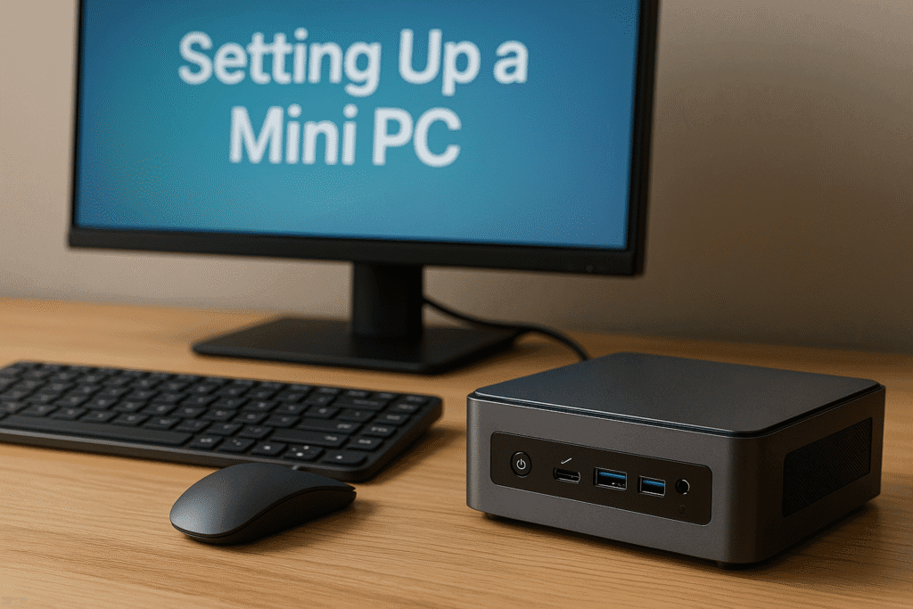 A sleek home office desk setup featuring a compact mini PC with dual monitors, wireless peripherals, and a webcam—ideal for remote work and productivity in 2025.