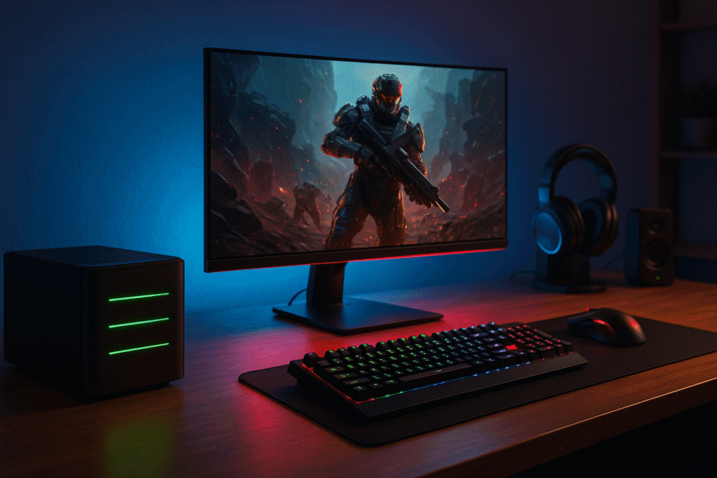 A high-end gaming setup featuring a mini PC with green LED lights, ultrawide monitor displaying a sci-fi shooter game, RGB mechanical keyboard, and gaming headset, set against blue and red ambient lighting.
