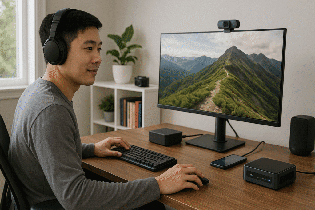A young East Asian man sits at a minimalist workspace, using a mini PC connected to a 4K monitor displaying a scenic mountain landscape, surrounded by headphones, an external SSD, wireless mouse, and charging smartphone