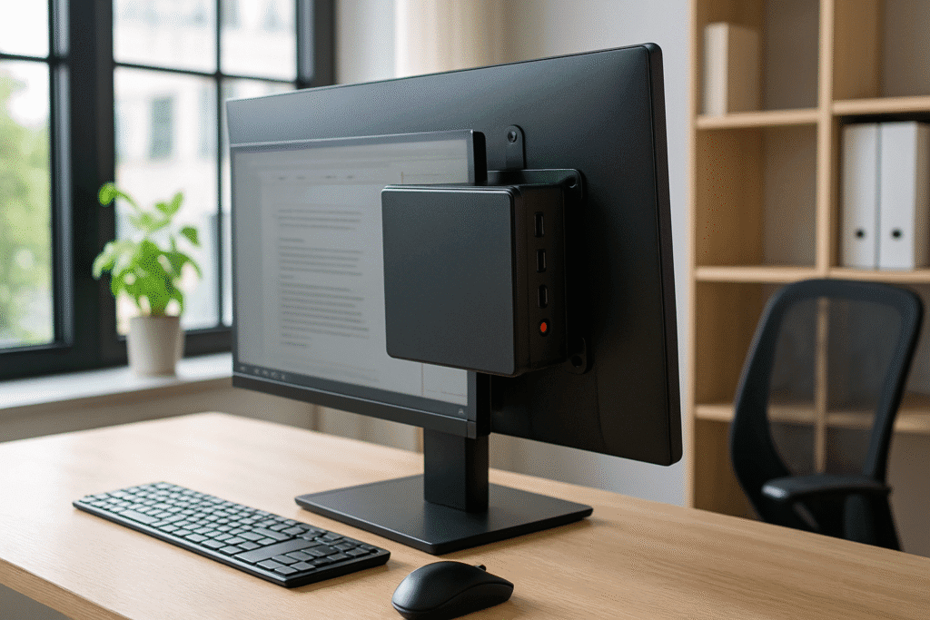 A mini PC mounted behind a widescreen monitor in a minimalist office workspace, illustrating space-saving benefits for modern business environments