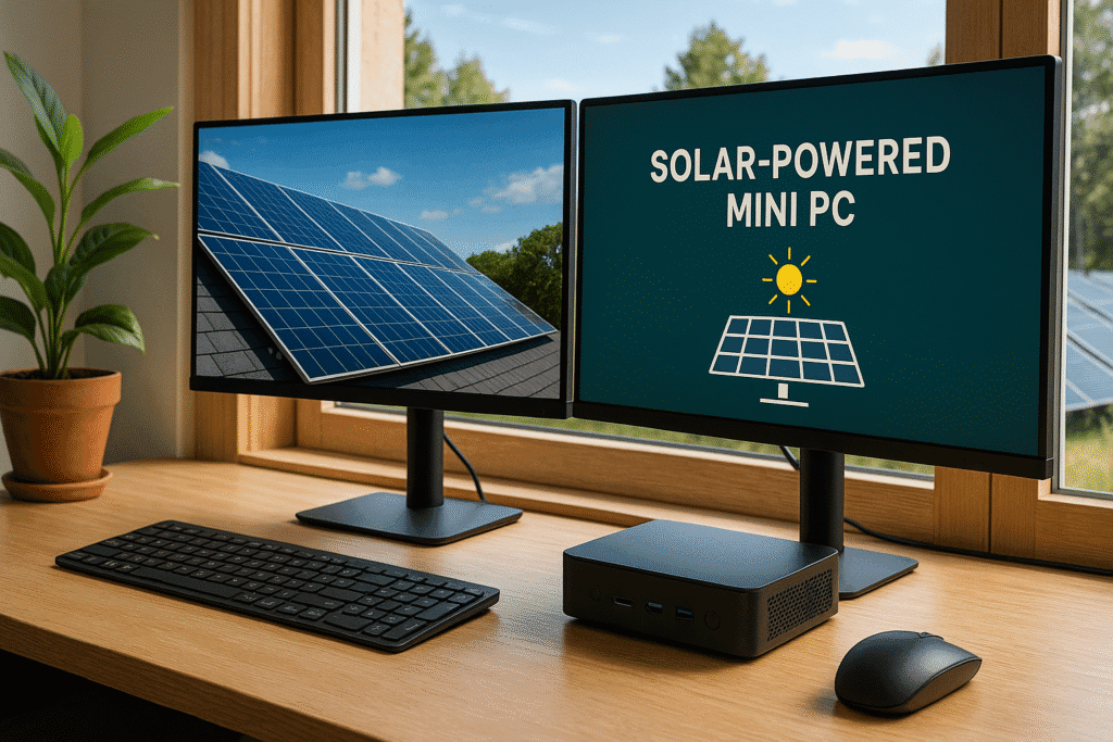 A high-efficiency mini PC workstation powered by solar panels during daylight, showcasing how mini PCs align with renewable energy systems in eco-conscious setups.