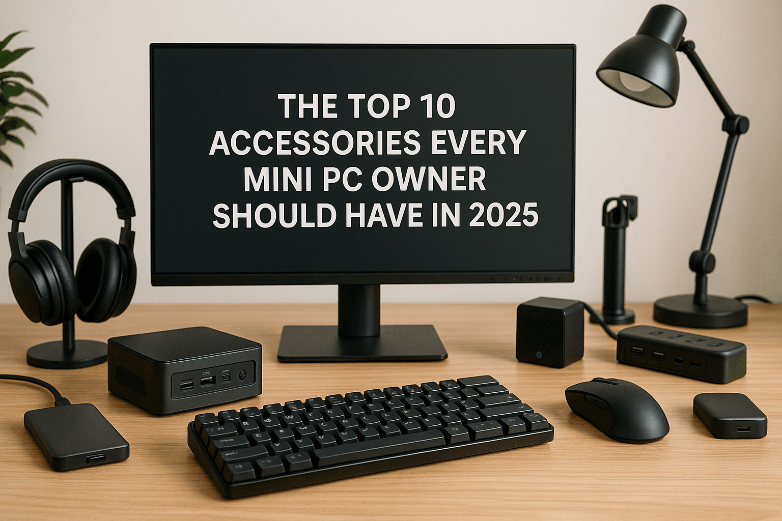 A modern desk setup with a mini PC, widescreen monitor displaying the text "The Top 10 Accessories Every Mini PC Owner Should Have in 2025," and essential accessories including headphones, wireless keyboard, mouse, and charging pad in a clean workspace.