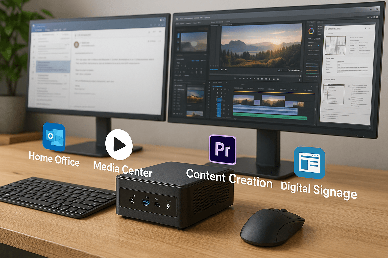A professional workspace with a modern mini PC setup displaying various digital use case icons like media, security, and networking, visually representing diverse mini PC applications in 2025