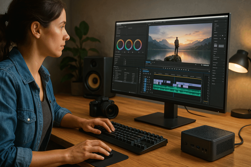 A video editor operates a home editing setup with multiple mini PCs including Apple, Intel, and ASUS models, paired with a 4K monitor displaying a cycling video timeline and color scopes.