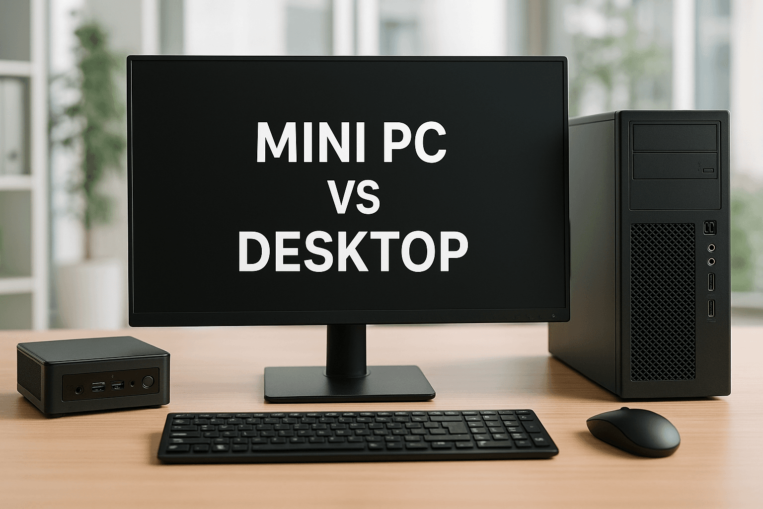 A high-resolution digital photograph compares a mini PC and desktop computer side by side on a modern office desk, with a monitor displaying the text "MINI PC VS DESKTOP" under natural light.
