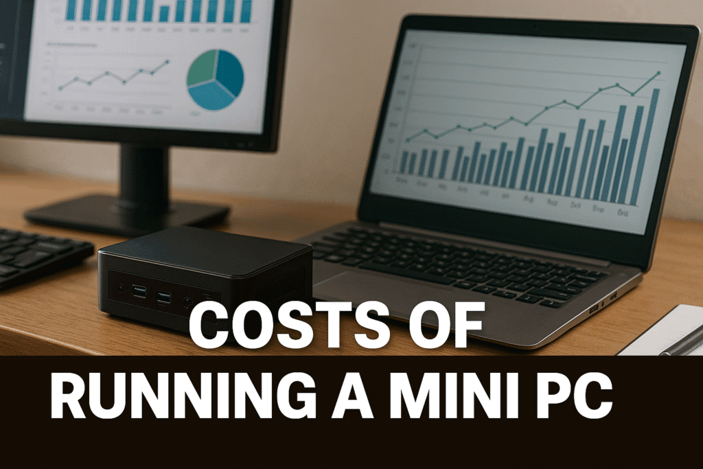 A side-by-side visual comparison of energy usage and annual operating costs between a mini PC and a traditional desktop, emphasizing sustainability and cost efficiency.