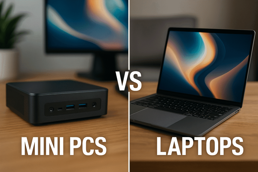 A photo-realistic comparison of a compact mini PC and a slim laptop on the same desk, each connected to external monitors, illustrating workspace setups for productivity in 2025.
