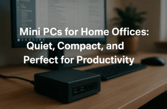 A compact mini PC on a wooden desk in a modern home office, placed beside a monitor and keyboard, with bold text overlay reading “Mini PCs for Home Offices: Quiet, Compact, and Perfect for Productivity