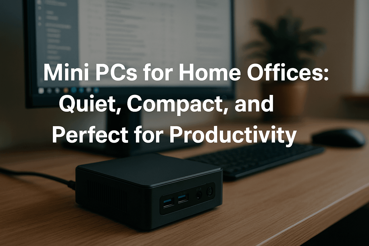 A compact mini PC on a wooden desk in a modern home office, placed beside a monitor and keyboard, with bold text overlay reading “Mini PCs for Home Offices: Quiet, Compact, and Perfect for Productivity