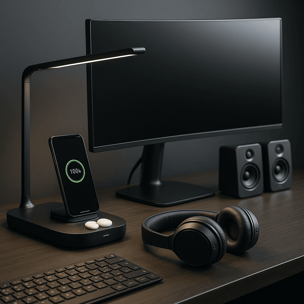 A realistic home office setup showcasing four premium tech devices including a curved monitor, wireless desk lamp with phone charger, studio speakers, and noise-canceling headphones on a dark wooden desk