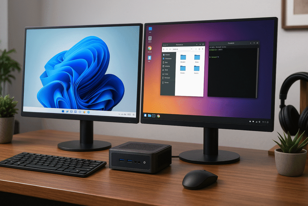 A realistic mini PC workstation setup with dual monitors and an external drive showing a dual-boot configuration of Windows and Linux for flexible software use.