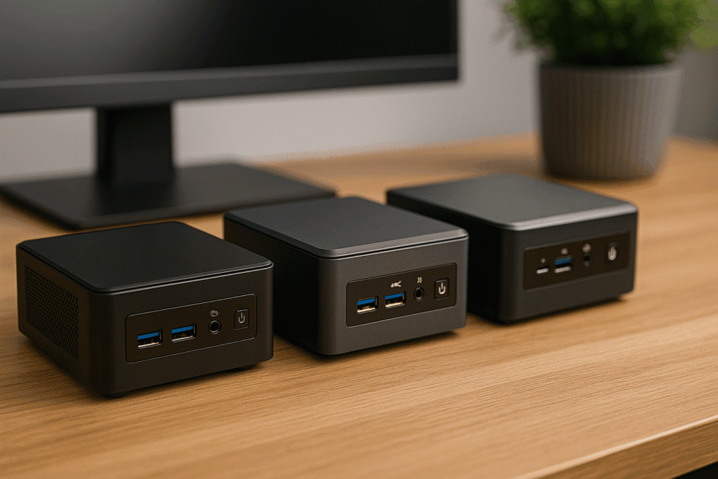 Three distinct mini PCs displayed side by side, each differing in size, design, and power level, showcasing options for casual users, creatives, and professionals