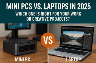 A visually engaging digital chart listing key pros and cons of using a mini PC versus a laptop in 2025, covering categories like performance, portability, and upgradeability.