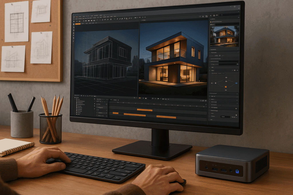 A remote worker using a low-power mini PC at home with natural lighting and green surroundings, illustrating sustainable remote work in 2025.
