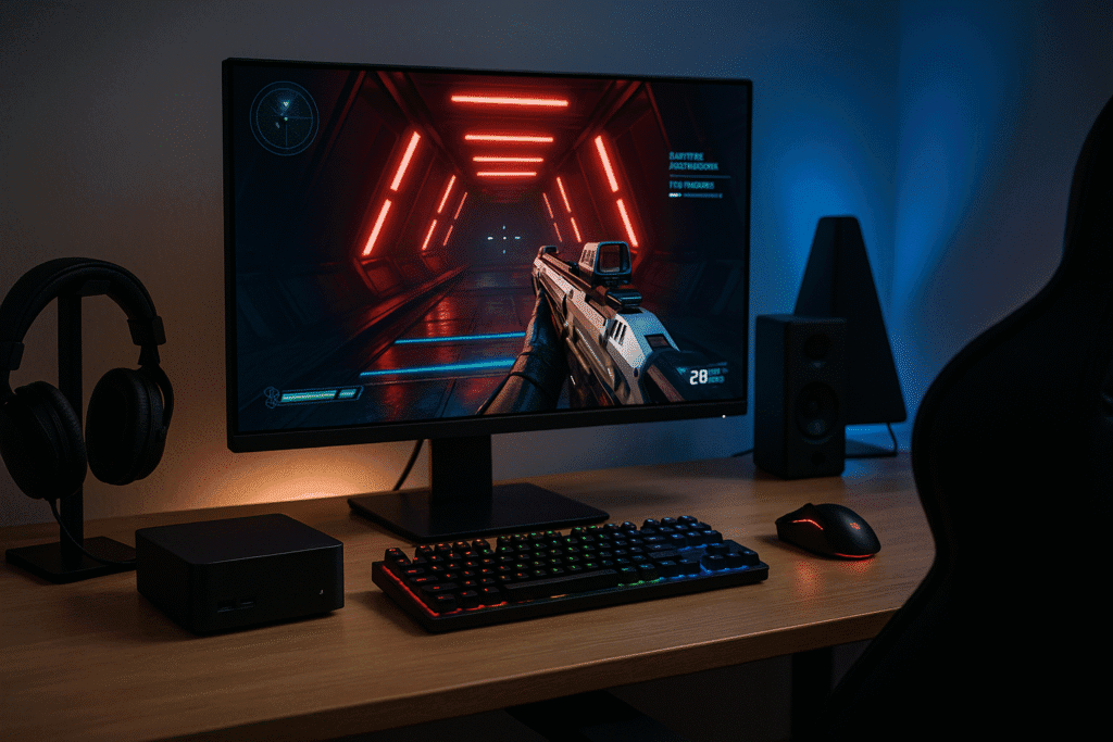 A futuristic gaming station showcasing a mini PC, ultrawide monitor displaying a sci-fi corridor shooter, RGB keyboard, red LED mouse, and a gaming headset on a wooden desk in a dark modern room.