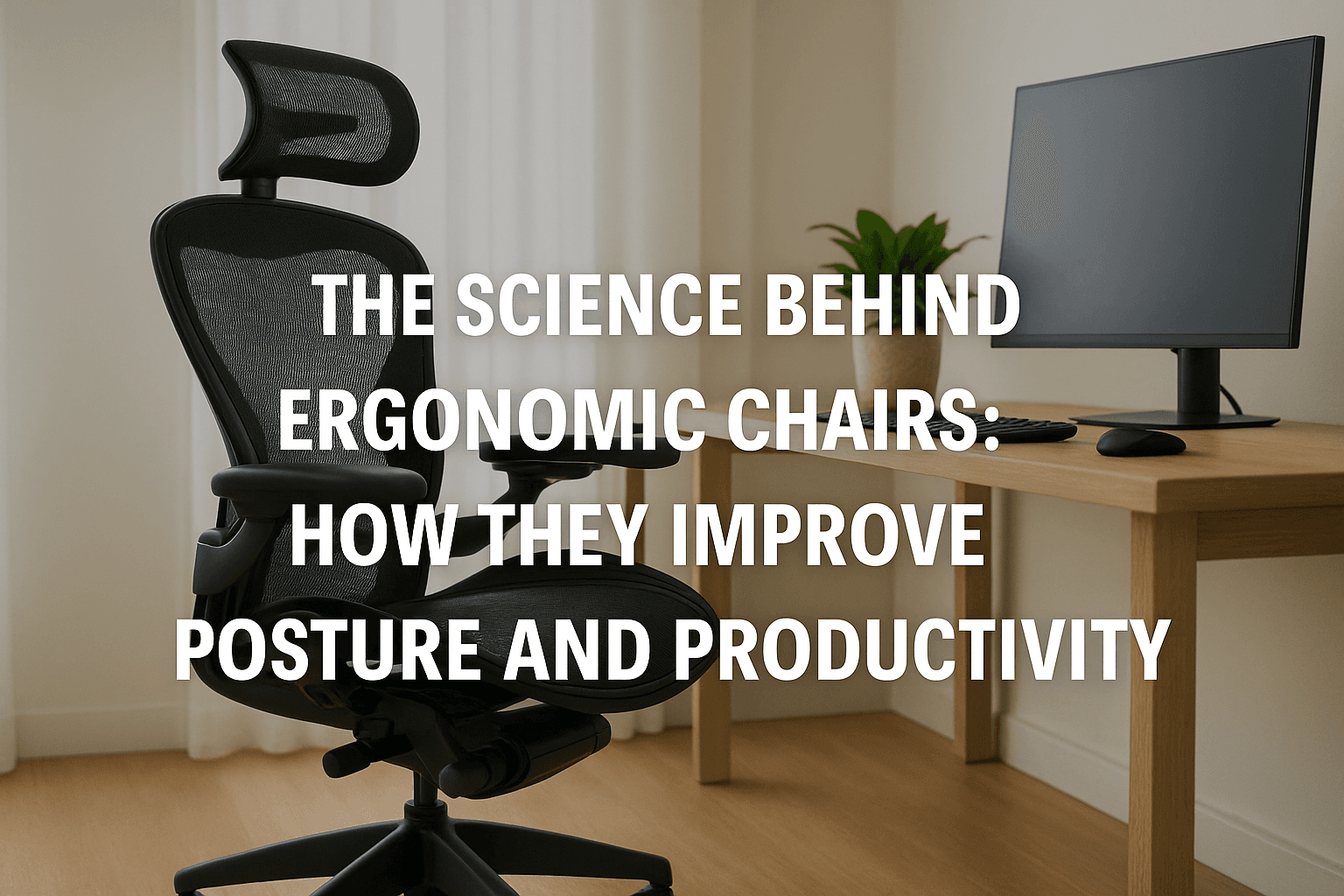 A black ergonomic mesh chair with headrest sits beside a clean wooden desk in a minimalist home office, with bold title text reading “The Science Behind Ergonomic Chairs: How They Improve Posture and Productivity.”