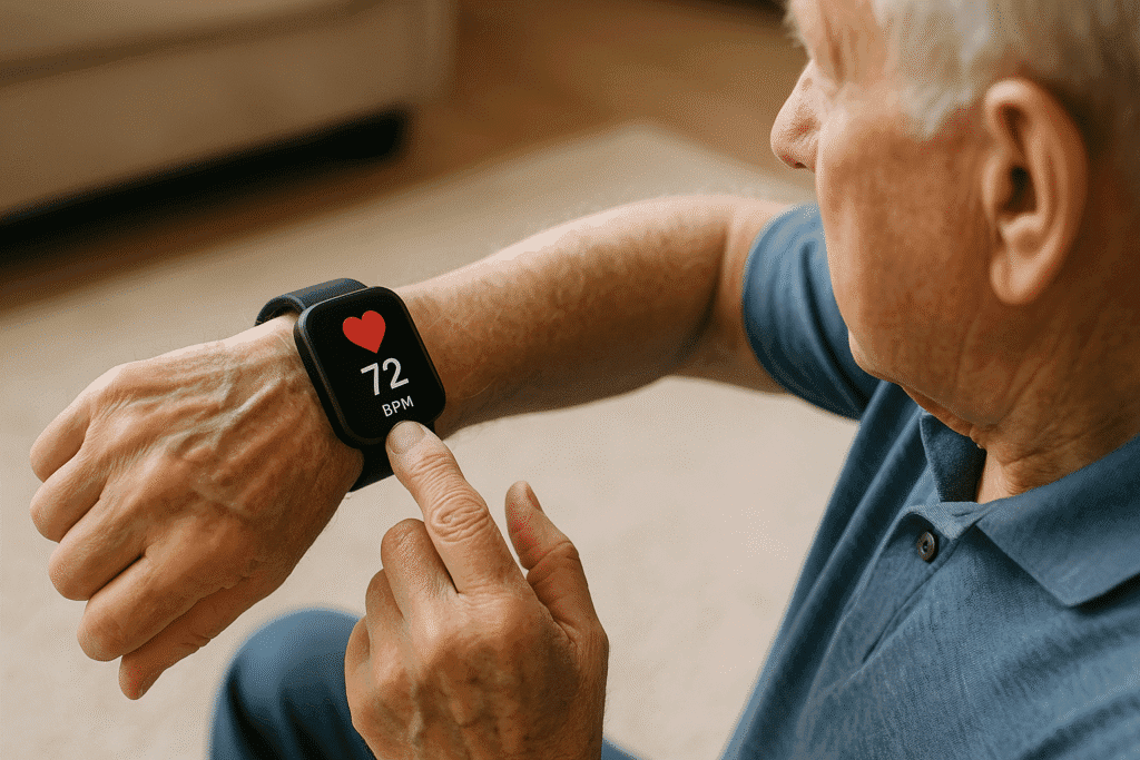 An elderly man in a blue shirt monitors his heart rate on a modern smartwatch, showing a reading of 72 BPM, highlighting health tracking for seniors