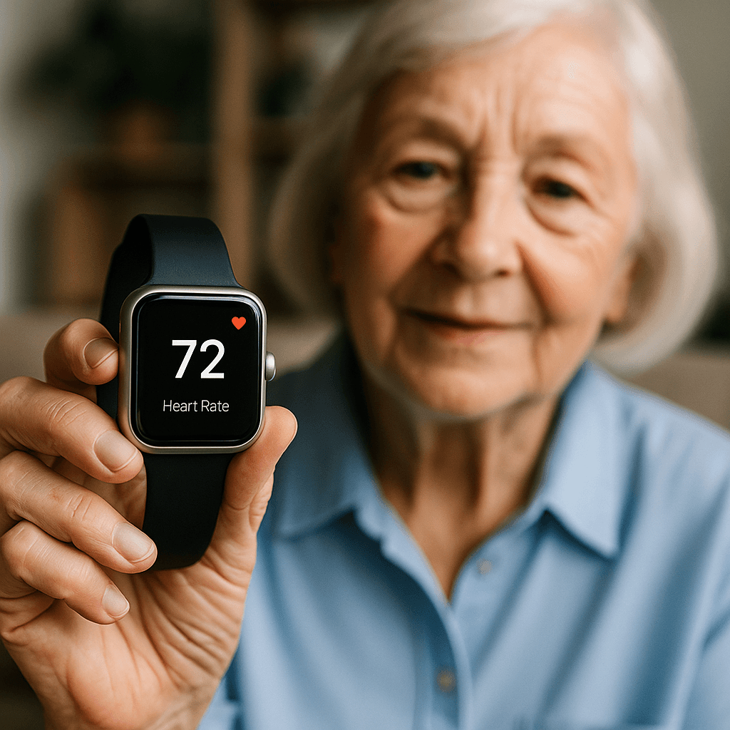 A smiling elderly woman proudly holds up a smartwatch displaying her heart rate of 72 BPM, promoting the benefits of wearable health technology for seniors
