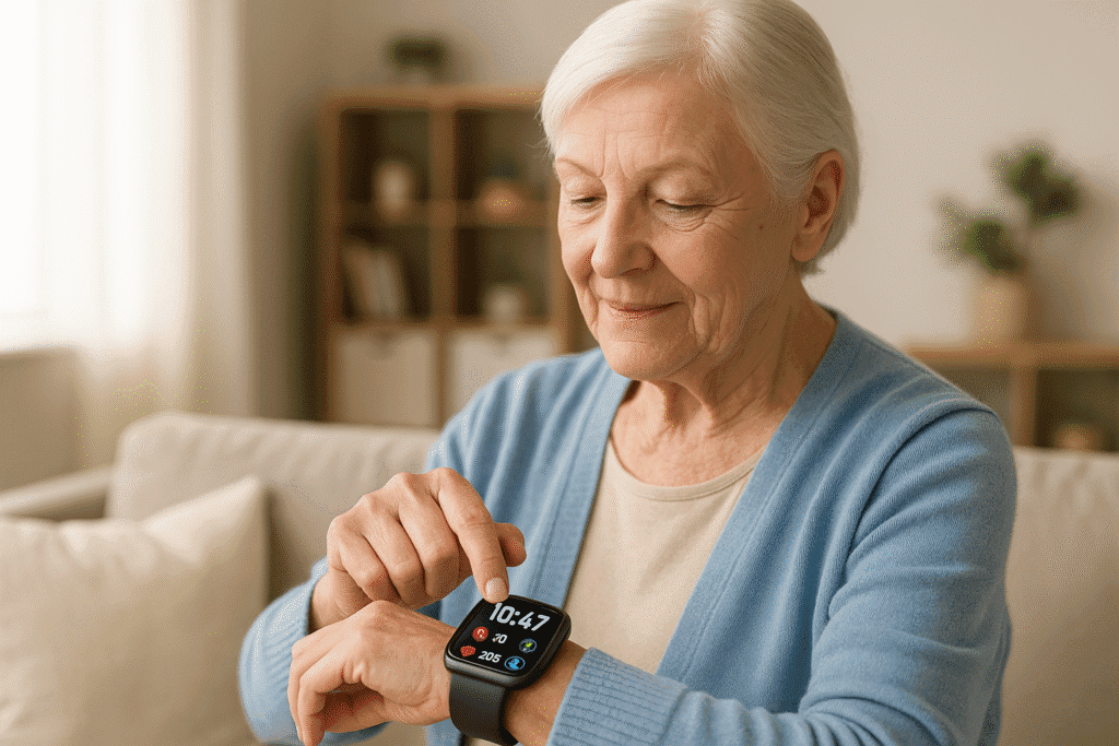 A senior woman wearing a light blue cardigan checks her daily health metrics, including steps and heart rate, on a smartwatch while relaxing at home
