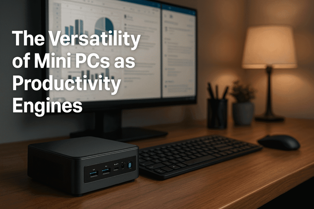 A quiet home office with a fanless mini PC powering dual monitors, designed for distraction-free productivity, minimalist aesthetics, and low energy use