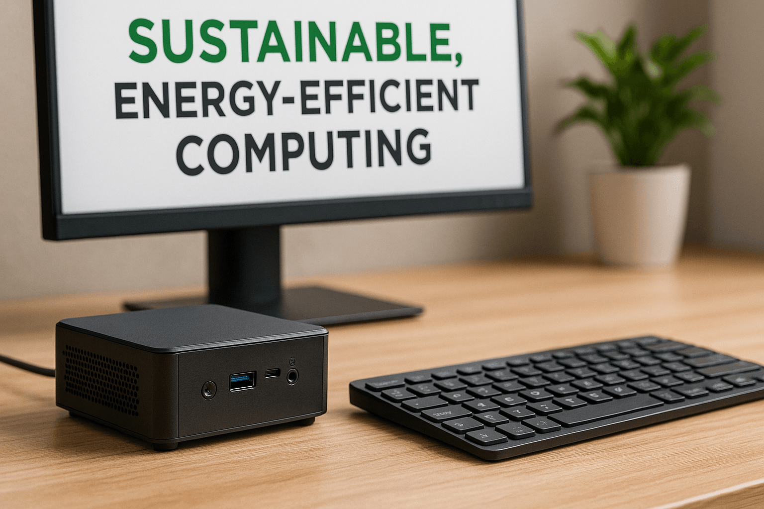 A compact and energy-efficient mini PC setup in a modern home office with indoor plants and a dual-monitor arrangement, highlighting sustainable digital workspace practices in 2025.