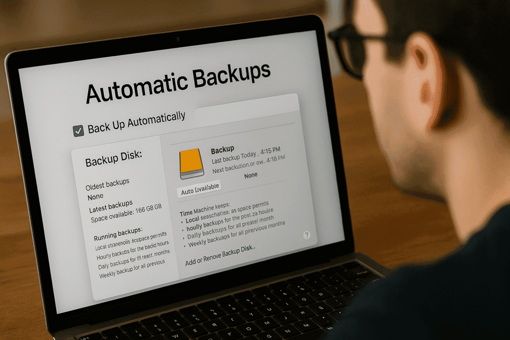 A person reviewing Mac Time Machine automatic backup settings, illustrating scheduled backups and available storage space on a modern laptop.