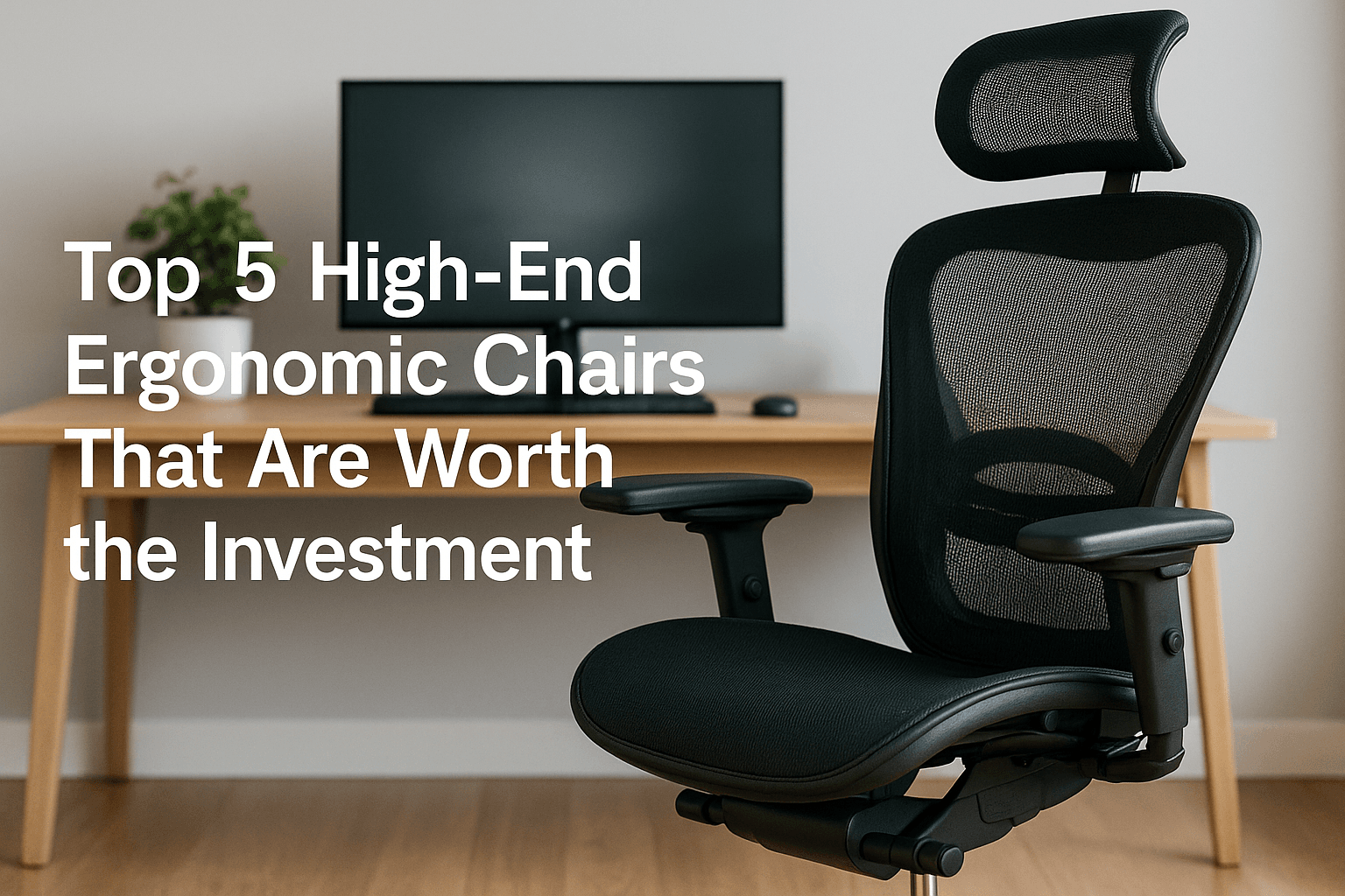 A black ergonomic mesh chair with adjustable headrest positioned beside a wooden desk in a bright modern home office, with white title text reading “Top 5 High-End Ergonomic Chairs That Are Worth the Investment.”