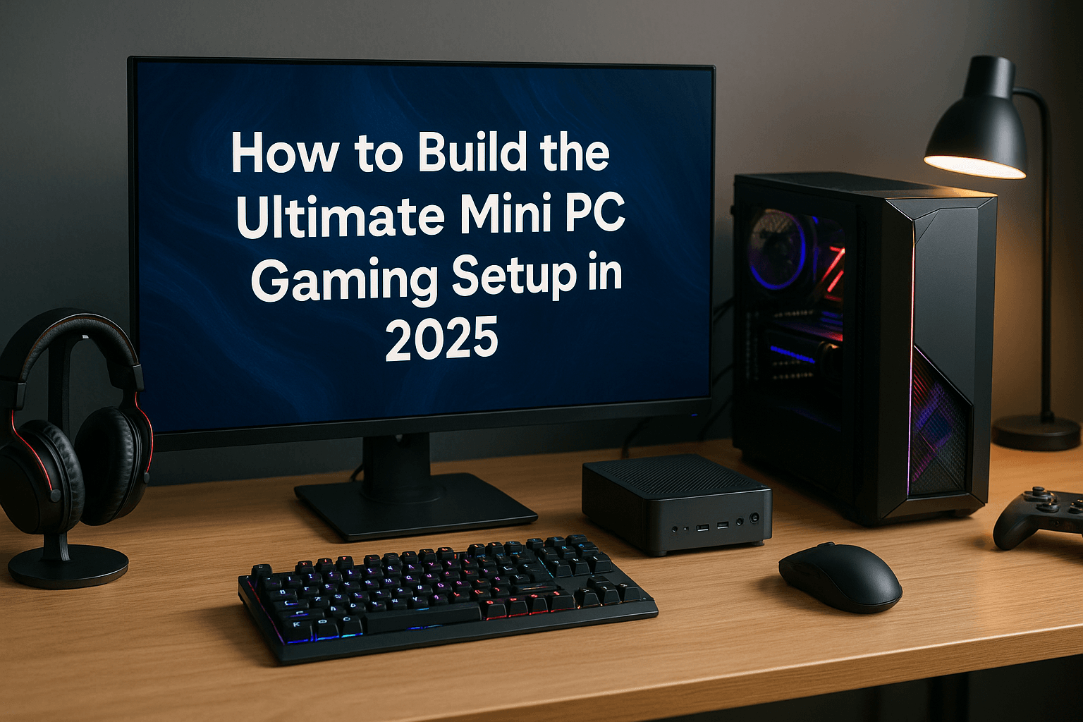 A premium gaming setup with a mini PC, widescreen monitor displaying "How to Build the Ultimate Mini PC Gaming Setup in 2025," RGB backlit keyboard, wireless mouse, and gaming headset arranged on a wooden desk with stylish lighting