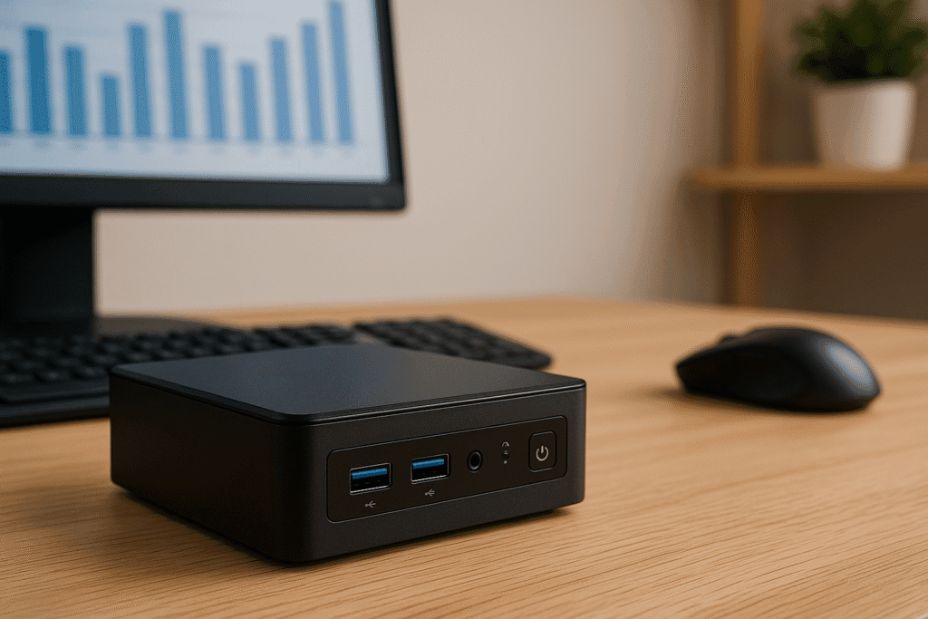 A close-up of an ultra-compact mini PC connected to two 4K monitors, set up for a graphic design workflow with professional accessories in a tidy workspace