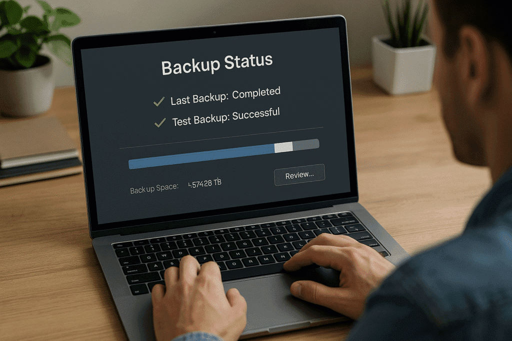 A person reviewing the backup status on a laptop screen, confirming successful data backups with green checkmarks, representing secure and completed backup processes.