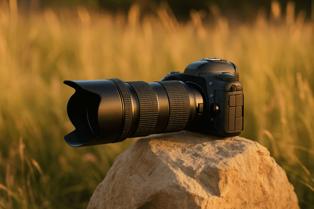 A professional DSLR camera with a large telephoto zoom lens resting on a rugged rock during golden hour. The scene features warm sunlight, soft focus on tall grass in the background, and sharp detail highlighting the camera’s grip and lens textures.