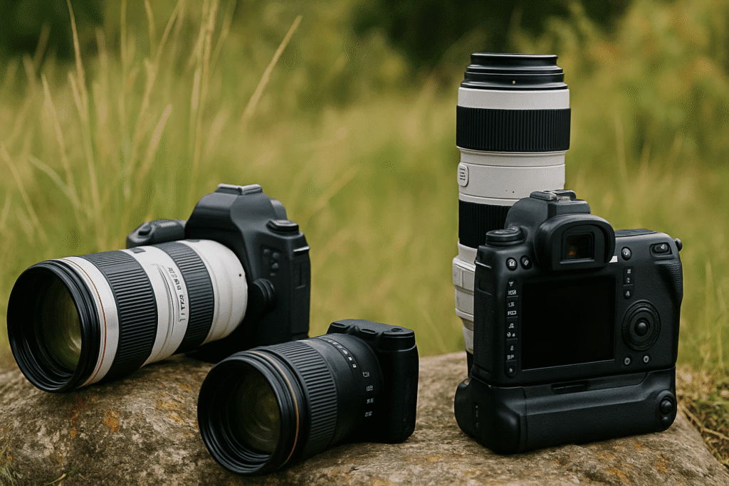 A collection of high-end DSLR cameras with telephoto lenses resting on a textured rock, surrounded by golden grass and soft natural lighting, showcasing professional wildlife photography gear.