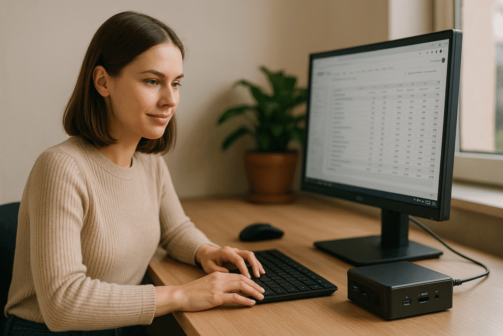 A woman working in a home office with a mini PC, wireless keyboard, and monitor on a clean desk, lit by natural light with a potted plant in the background