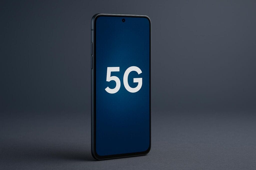A sleek modern smartphone displaying '5G' on its screen, highlighting the speed and connectivity of the latest mobile network technology