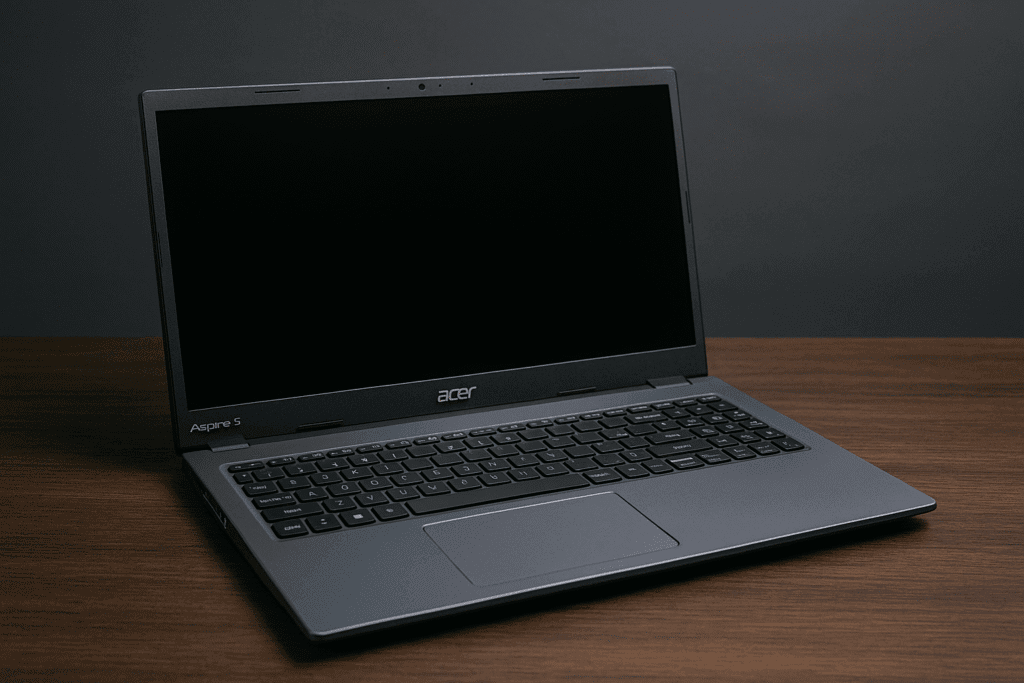 A digital photograph displays an Acer Aspire 5 laptop on a wooden desk with a clean gray background, showcasing its full HD screen and compact, stylish design