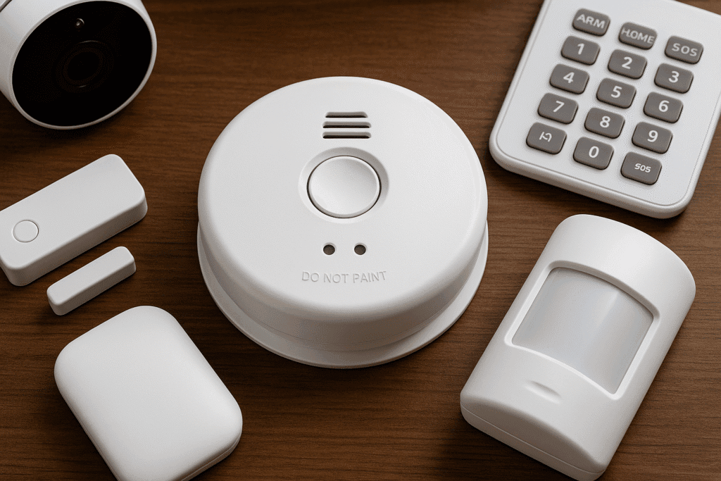 An overhead view of budget home security devices including a smoke detector, keypad, motion sensor, and door/window sensors arranged on a wooden surface.