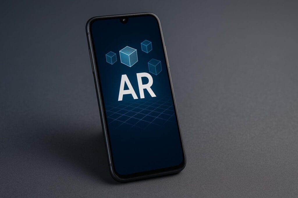 A smartphone screen showing 'AR' with 3D cubes, illustrating how augmented reality is becoming a key trend in mobile experiences