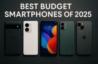 A photo-realistic lineup of five top budget smartphones for 2025 under the title "Best Budget Smartphones of 2025," including models resembling the Google Pixel, Samsung Galaxy, and iPhone, against a dark background.