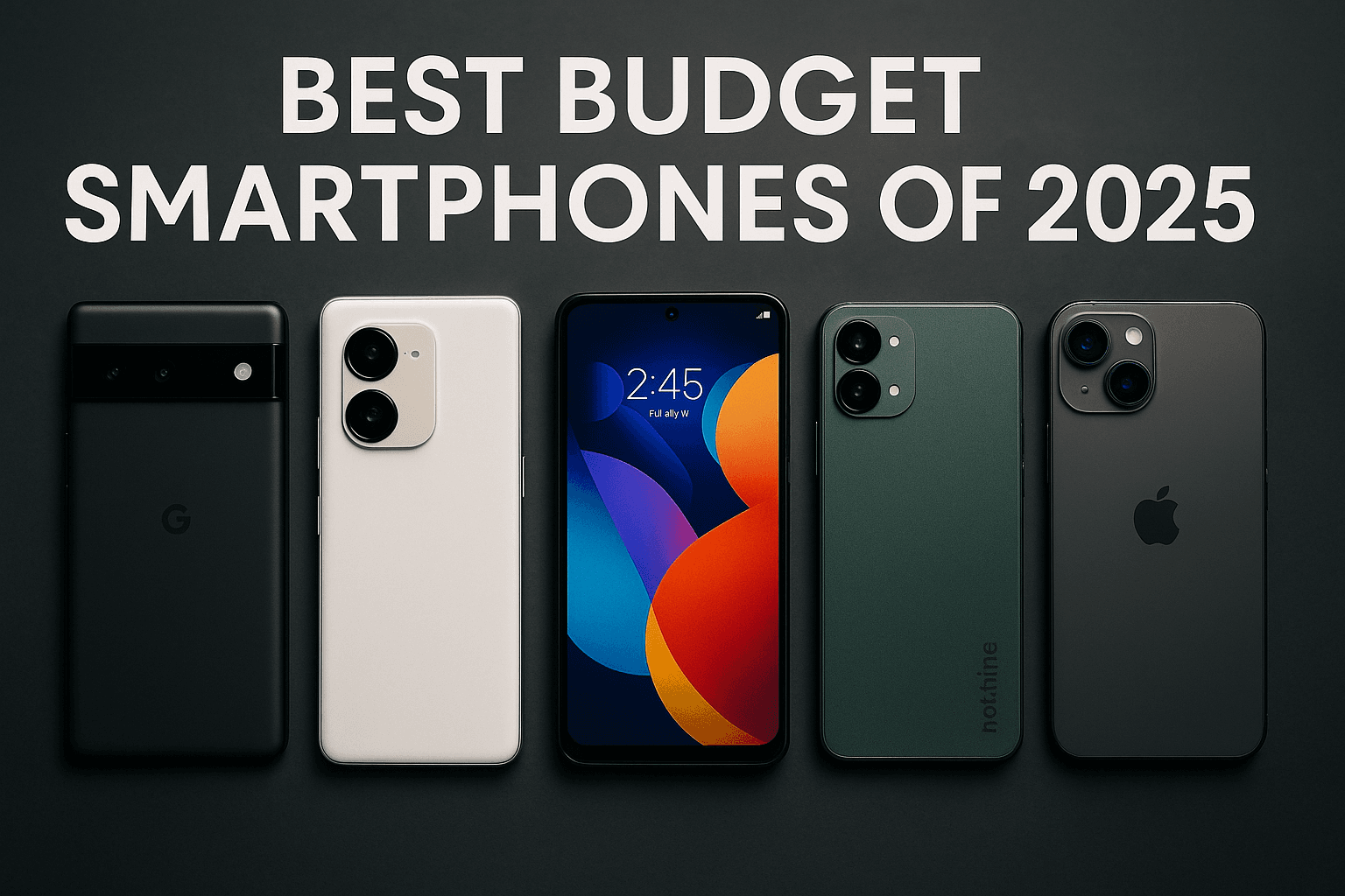 A photo-realistic lineup of five top budget smartphones for 2025 under the title "Best Budget Smartphones of 2025," including models resembling the Google Pixel, Samsung Galaxy, and iPhone, against a dark background.