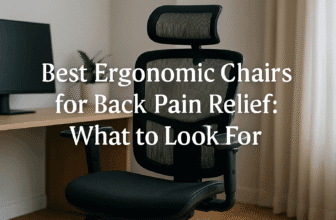 A modern ergonomic mesh office chair sits next to a desk with a laptop and plant in a sunlit home workspace. The article title “Best Ergonomic Chairs for Back Pain Relief: What to Look For” appears in bold white text