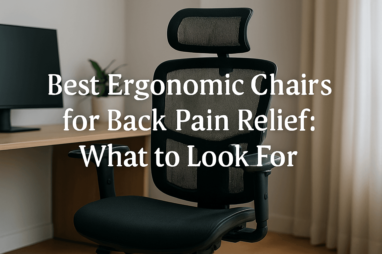 A modern ergonomic mesh office chair sits next to a desk with a laptop and plant in a sunlit home workspace. The article title “Best Ergonomic Chairs for Back Pain Relief: What to Look For” appears in bold white text