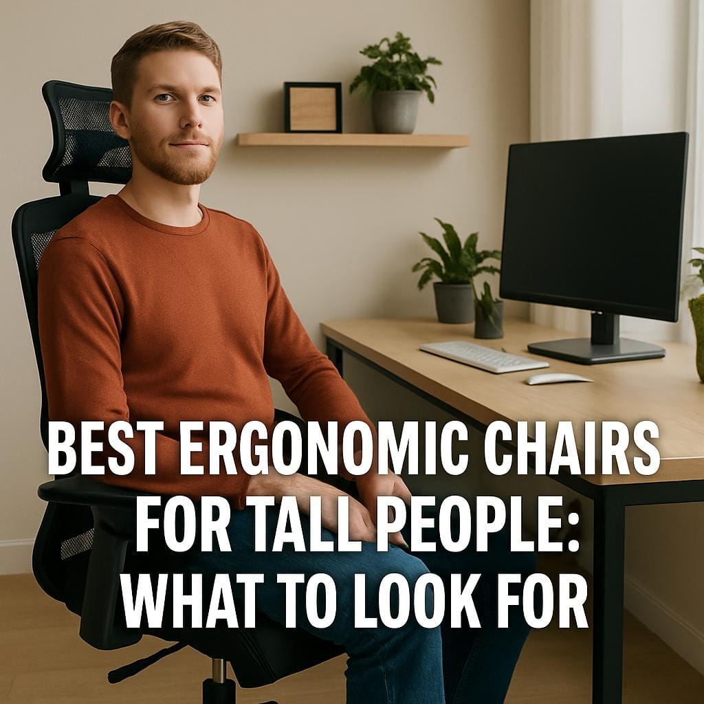 A tall man sits comfortably in a black ergonomic mesh chair at a modern home office desk, with large bold text displaying the article title: Best Ergonomic Chairs for Tall People: What to Look For
