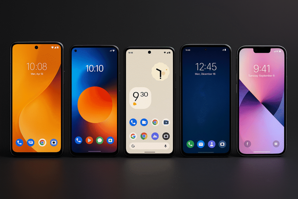A high-resolution digital photograph displays five modern smartphones upright, each showing distinct home screens and vibrant wallpaper styles, set against a dark background with balanced lighting and clean design.